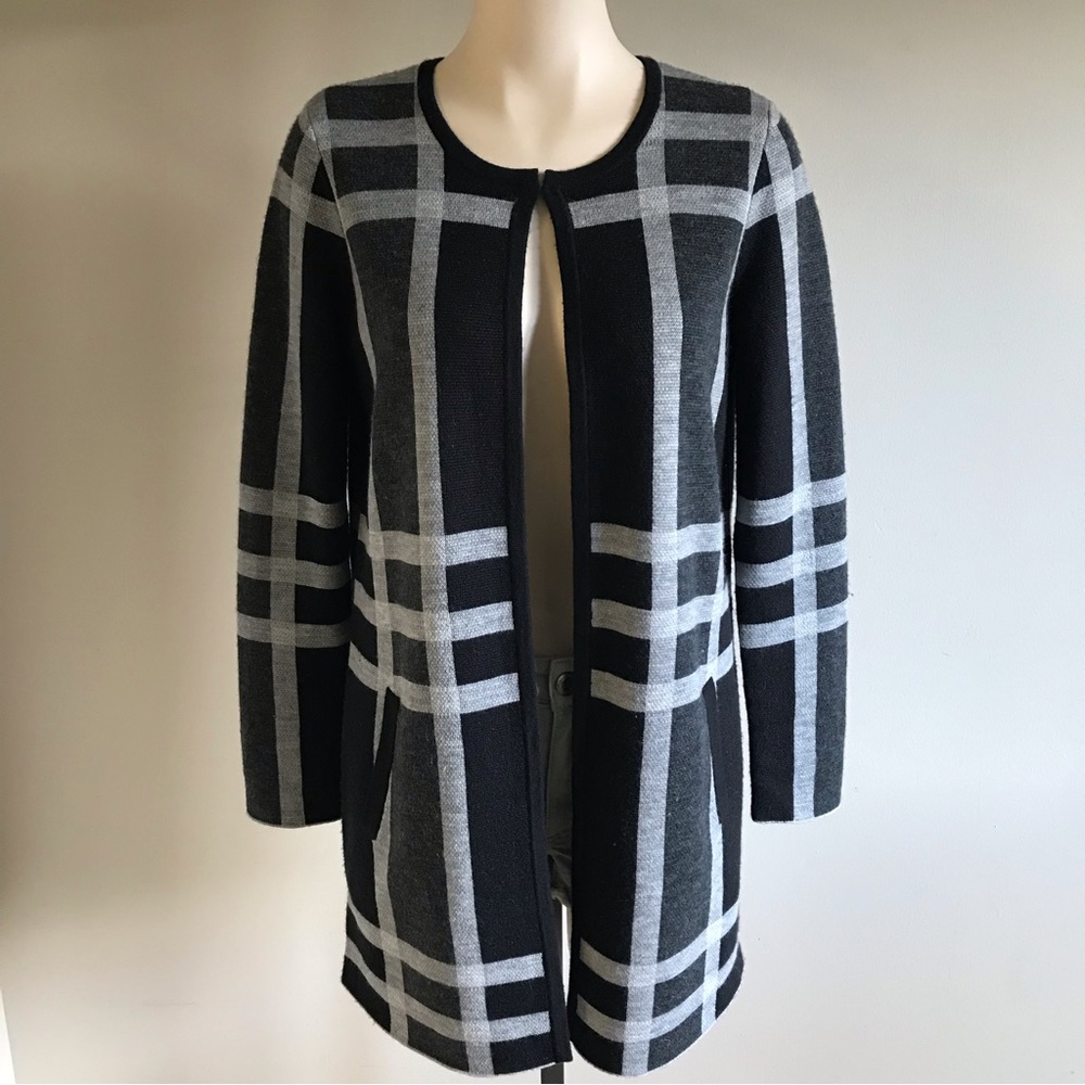 Ellen Tracy Merino Wool Plaid Open Cardigan Sweater Black Grey Size Medium